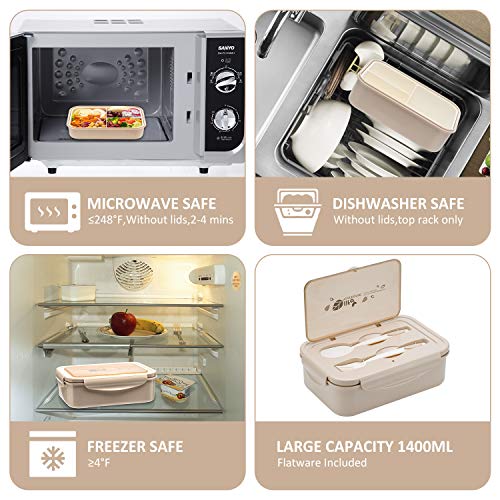 LOVINA Bento Box for Adults and Kids - 1400ML Portable, Lightweight, Easy to Carry Meal Holder with Spoon & Fork, Durable, Leak-Proof, BPA-Free and Food-Safe Materials - color: Khaki