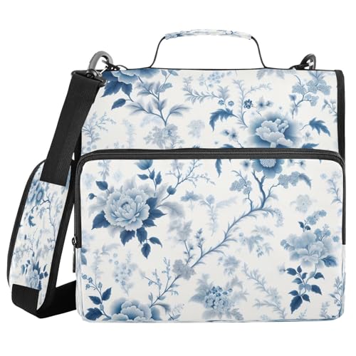 STAYTOP Blue and White Florals Zipper Binder, 3 Ring Binder with Shoulder Strap, 2 Inch 500 Sheets Capacity, Multi-Pocket Organizer with File Folder, School College Office