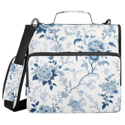 STAYTOP Blue and White Florals Zipper Binder, 3 Ring Binder with Shoulder Strap, 2 Inch 500 Sheets Capacity, Multi-Pocket Organizer with File Folder, School College Office