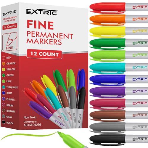 EXTRIC Permanent Markers, Assorted Colors, 12 Count Fine Point Markers, Quick Drying, Waterproof, Works on Paper, Plastic, Wood, Metal and Glass, for Home, Office and School