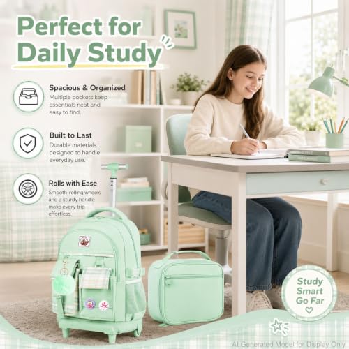 AGSDON Rolling Backpack for Girls, 21" Women Roller Wheels Bookbag, Laptop Wheeled Suitcase School Backpacks with Lunch Bag for Teens - color: Square Green