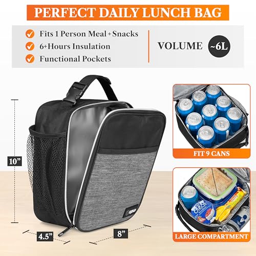 opux Insulated Lunch Bag for Kids Boys Girls, Small Compact Lunch Box with Wide Opening & Mesh Pockets, Reusable Lunch Pail for School, Work, Adults, Men, Women, Heather Grey - color: Heather Gray