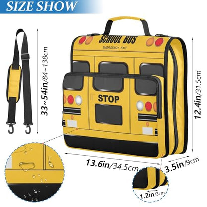 Fisyme School Bus Zipper Binder 3 Ring with Zipper and Shoulder Strap Large Capacity Multi-Pocket Zipper Binder Organizer - color: Multi-cute Yellow
