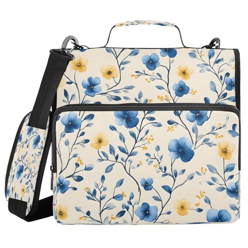Subtle Floral Zipper Binder 3 Ring with Shoulder Strap and Handle Multiple Pockets Expanding File Folder Organizer