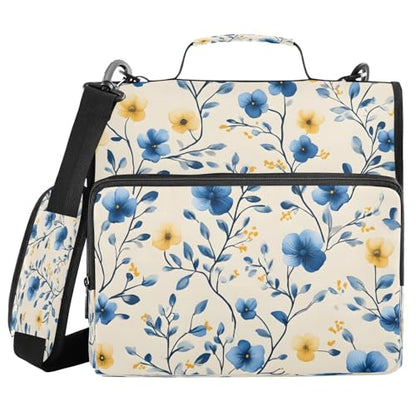 Subtle Floral Zipper Binder 3 Ring with Shoulder Strap and Handle Multiple Pockets Expanding File Folder Organizer