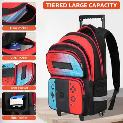 TILYTADLY Gamer Rolling Backpack for Boys - 3PCS Boys Rolling Backpack With Lunch Box and Pencil Case for Kids Children Teens Elementary Middle School,HFHTDC Roller Bookbag With Wheels for Aged 6-18 - color: red-blue-Backpack set