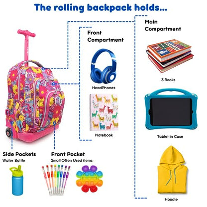 J World Lollipop Kids Rolling Backpack & Lunch Bag Set for Elementary School. Carry-On Suitcase with Wheels, Poppy Pansy - color: Poppy Pansy