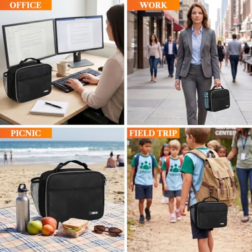 opux Insulated Lunch Bag for Kids, Reusable Lunch Box for School with Leakproof Lining, Compact Soft Cooler Tote for Boys & Girls, Front Pocket, Mesh Side Bottle Holder (Black) - color: Black