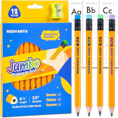 Jumbo HB Pre-sharpened Pencils #2 for Toddlers Preschoolers First Writing, Thick Triangular Grip Fat Pencils with Latex-Free Erasers, Break-Resistant, Back to School Supplies, 12 Count - color: Yellow
