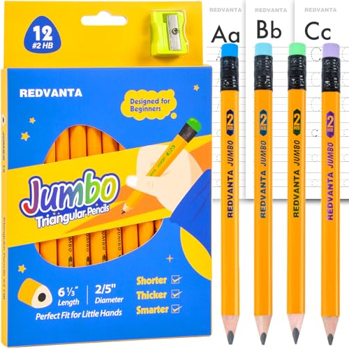 Jumbo HB Pre-sharpened Pencils #2 for Toddlers Preschoolers First Writing, Thick Triangular Grip Fat Pencils with Latex-Free Erasers, Break-Resistant, Back to School Supplies, 12 Count - color: Yellow