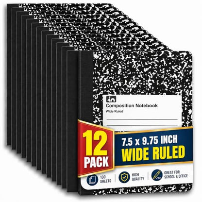 1InTheOffice Composition Notebook Wide Ruled, Black Marble, 100 Sheets, 9.75" x 7.5", Durable Sewn Binding, Bulk 12‑Pack