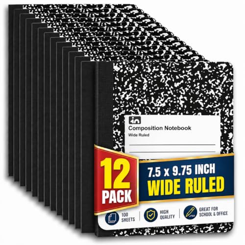 1InTheOffice Composition Notebook Wide Ruled, Black Marble, 100 Sheets, 9.75" x 7.5", Durable Sewn Binding, Bulk 12‑Pack