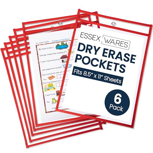 Essex Wares - 6 Pack, Red, Dry Erase Pocket Document Protectors, 10" Wide x 13.5" Tall - Clear Plastic Sleeves - Reusable & Easy Erase Plastic Invoice Holders, Water-Resistant & Durable - color: Red