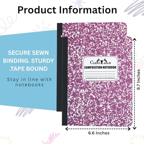 CLEENTABLE Composition Notebook 5 Pack, Wide Ruled Paper, Marble Cover Notebooks for School, 9.75 x 7.5 Inches, 100 Sheets (200 Pages), Sewn Binding Comp Books, Purple