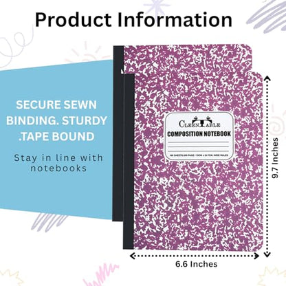 CLEENTABLE Composition Notebook 5 Pack, Wide Ruled Paper, Marble Cover Notebooks for School, 9.75 x 7.5 Inches, 100 Sheets (200 Pages), Sewn Binding Comp Books, Purple