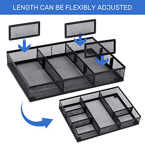 Neudeco Desk Drawer Organizer, 4 Pack Metal Mesh, Black | Adjustable Dividers, Stackable, Pen Organizer, Office Supplies Organizer