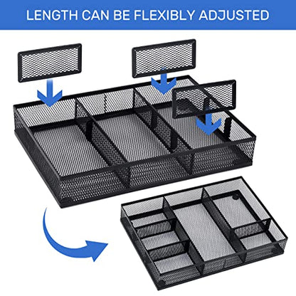 Neudeco Desk Drawer Organizer, 4 Pack Metal Mesh, Black | Adjustable Dividers, Stackable, Pen Organizer, Office Supplies Organizer