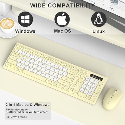 Wireless Keyboard and Mouse Combo, Full-Sized Wireless Keyboard and Adjustable DPI Mouse, 2.4GHz USB Receiver, Silent Keyboard and Mouse for PC, Windows, MAC, Desktop, Laptop (Canary Yellow-B) - color: Canary Yellow-B