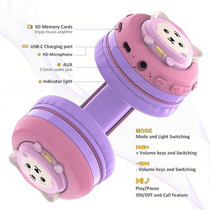 Riwbox CB-7S Kids Wireless Headphones,with Safe Volume Control 74/85/95dB,LED Glow Lights,50H Playtime,Bluetooth V5.3,Built-in Mic, TF Card Slot,for Travel/School/Phone/Laptop(Pink&Purple) - color: Pink&Purple