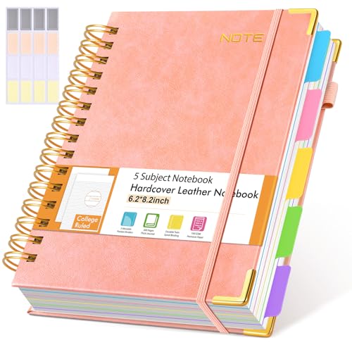 Hardcover Spiral Notebook with Removable Dividers Tabs, 300 pages Leather 5 Subject Notebook College Ruled, 6.2" x 8.2" Journal for Women Men, Small Notebooks for Work School Note taking,A5 Pink - color: Pink, size: A5（6.2" x 8.2"）