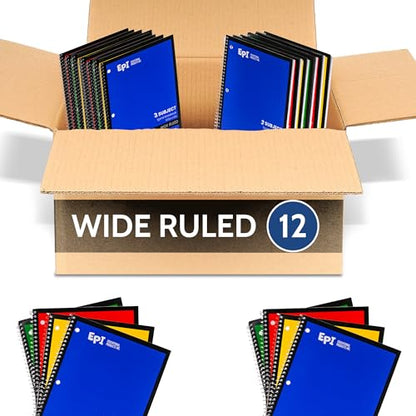 EPI Spiral Notebook | 3 Subject - Wide Ruled - 120 Sheets, Durable Spiral Binding | 10.5 x 8 in | Classroom Supplies | School, Office, Note Taking, Journaling - 12 Pack - size: Pack of 12, style: 3 Subject - Wide Ruled