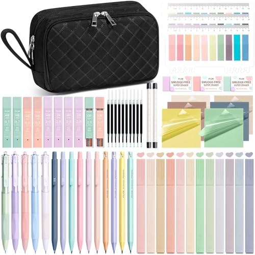 62PCS Aesthetic School Supplies with Cute Pencil Case, Pastel Highlighters Black Ink Gel Pens Mechanical Pencils Kit, Back to School Supplies College Essentials Preppy Stationary Set for Student Girls - color: Black