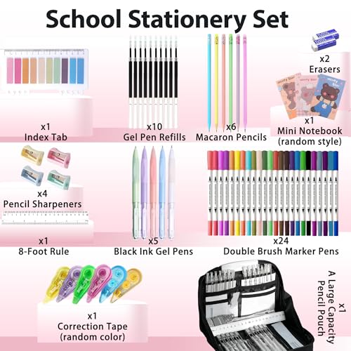 Ristpal 56 PCS Aesthetic School Supplies with Large Pencil Case, 24 Double Brush Marker Pens, 5 Black Ink Gel Pens, 6 Macaron Pencils, 4 Sharpeners, Sticky Notes, Ruler, Erasers, Stationery Gift - color: Black