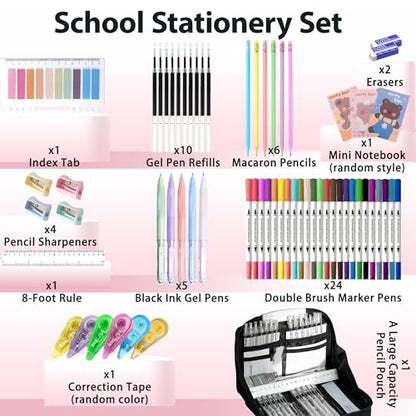 Ristpal 56 PCS Aesthetic School Supplies with Large Pencil Case, 24 Double Brush Marker Pens, 5 Black Ink Gel Pens, 6 Macaron Pencils, 4 Sharpeners, Sticky Notes, Ruler, Erasers, Stationery Gift - color: Black