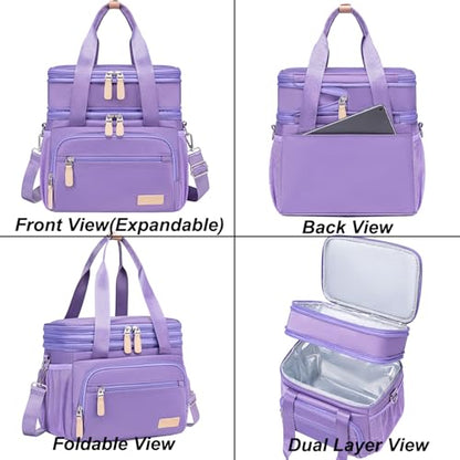 Weitars Insulated Lunch Box for Women Men-Dual Compartment Waterproof Reusable Large Lunch Bag Wide-Open Tote Cooler Bag For Working Picnic Hiking (15L) (Purple) - color: Purple