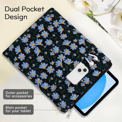 Dadanism 9-11 Inch Embroidered Daisy Padded Carrying Case Protective Tablet Sleeve for iPad A16 11th Gen 11"/10th Gen 10.9", iPad Air 11"/Pro 11"/Air 5th 4th 10.9", Galaxy Tab A11+ Plus 11", Black - color: Black