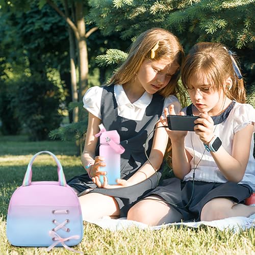 ACESAK Kids School Backpack for Girls, 4-In-1 Bookbag Backpack Set with 14OZ Insulated Kids Water Bottle (Pink Blue) - color: Pink-to-blue Gradient
