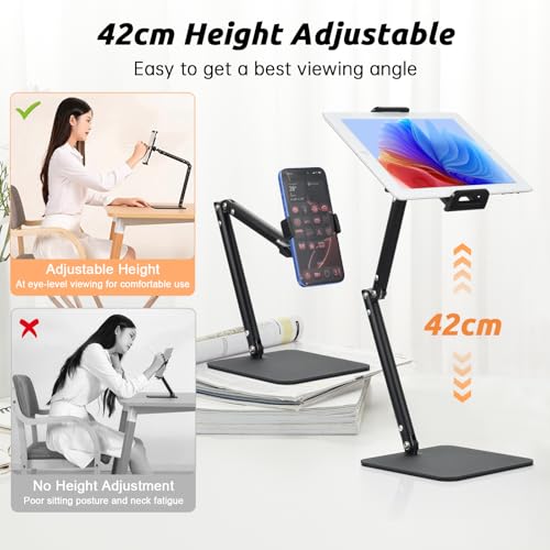 UTEBIT IPad Stand for Desk, 360° Rotating 9.5''-16.5''Height Adjustable Phone Stand for Desk, Office Desk Accessories for Men Home Dorm Essentials Gadgets Portable Monitor Stand, Support 22LBS, Black