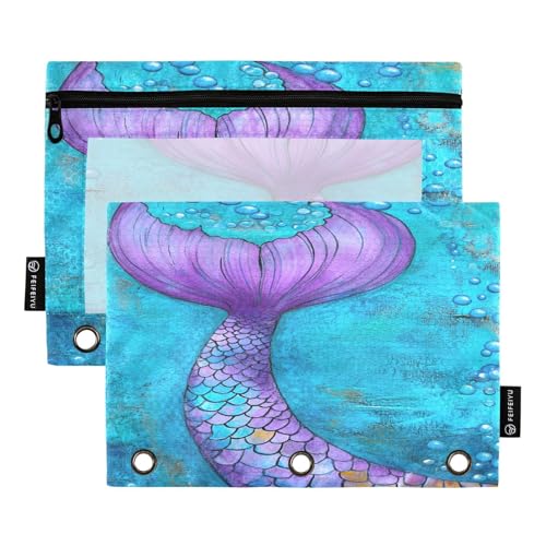 Purple Mermaid Tail Pencil Pouch for 3 Ring Binder Pencil Pouches with Zippers Clear Window Binder Pockets Pencil Bags for Daily Organzier Office Work 2 Packs - color: Multicolored-purple Mermaid Tail