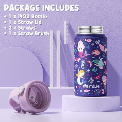 Fimibuke Kids Insulated Water Bottle, 14oz BPA FREE 18/8 Stainless Steel Travel Tumbler Double Wall Vacuum Leak Proof Kids Cup with Straw Metal Water Bottle for School Boys Girls(1 Pack, MERMAID) - color: A2. MERMAID