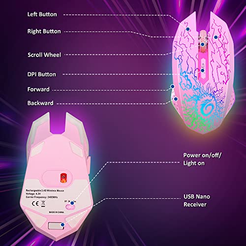 VersionTECH. Wireless Gaming Mouse, Rechargeable Computer Mouse Mice with Colorful LED Lights, Silent Click, 2.4G USB Nano Receiver, 3 Level DPI for PC Gamer Laptop Desktop Chromebook Mac-Pink - color: Pink