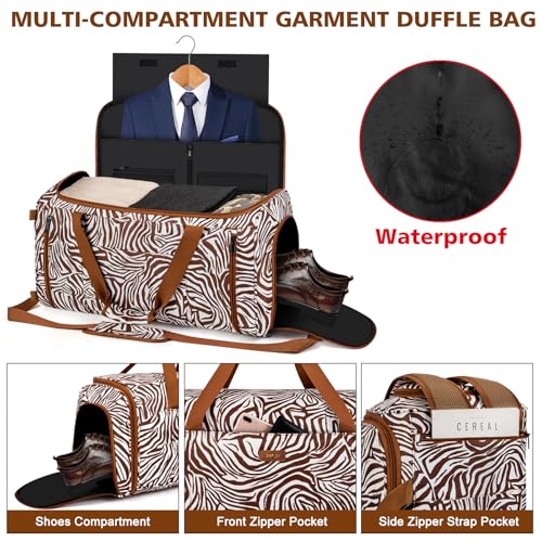 Convertible Garment Bags for Travel - Carry on Garment Duffle Bag with Backpack Straps for Men Women, 4 in 1 Large Travel Duffel Bags with Shoes Compartment Hanging Suit Dress Weekender Bag 3pcs Set - color: D1-Brown Zebra