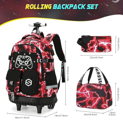 Scothen Rolling Backpack for Boys, Cool Luminous Gamer Roller School Backpacks for Boys with Lunch Bag and Pencil Pouch, Kids Backpack Bookbag with Wheels for Kindergarten Elementary Middle School - color: Red Lightning