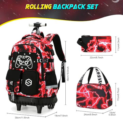 Scothen Rolling Backpack for Boys, Cool Luminous Gamer Roller School Backpacks for Boys with Lunch Bag and Pencil Pouch, Kids Backpack Bookbag with Wheels for Kindergarten Elementary Middle School - color: Red Lightning