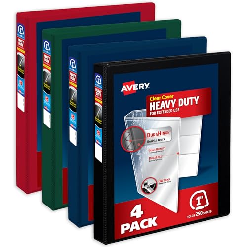 Avery Heavy-Duty View 3 Ring Binders, 1 Inch One Touch Slant Rings, 250-Sheet Capacity, Assorted Dark Colors, 4-Pack (79632) – for School, Office, Teachers, Classrooms & Home Organization - color: Assorted Darks, size: 1"