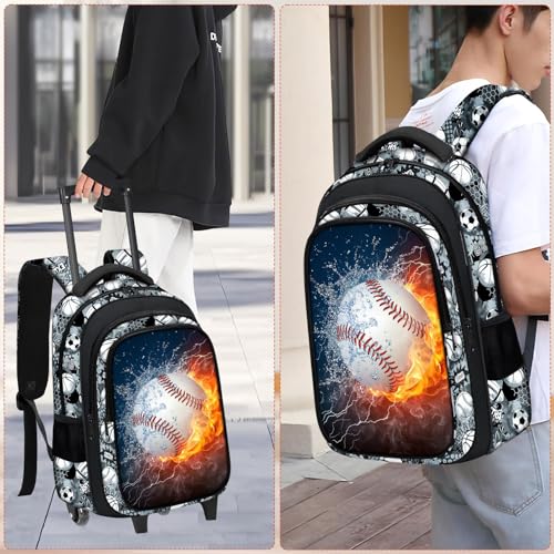 Boys Rolling Backpack for Kids - Baseball Kids Rolling Backpack with Wheels for Elementary Middle School Students - Sport Roller School Bookbag Aged 6-18, Wheeled Travel Bag Large Capacity - color: Baseball-001-backpack Only