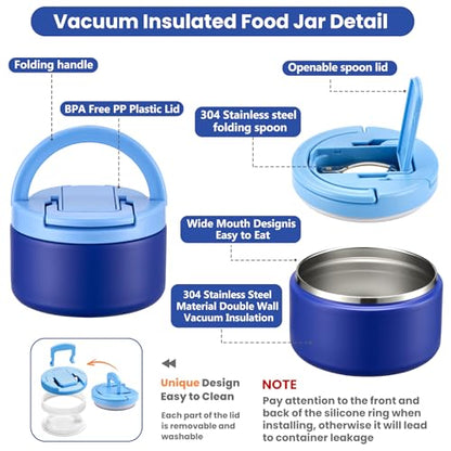 Bento Lunch Box for Kids with 8oz Soup Thermo,Kids Leakproof Lunch Food Containers with 4 Compartment,Kid Insulated Thermo Hot Food Jar for School,Trvael-Blue - color: Blue