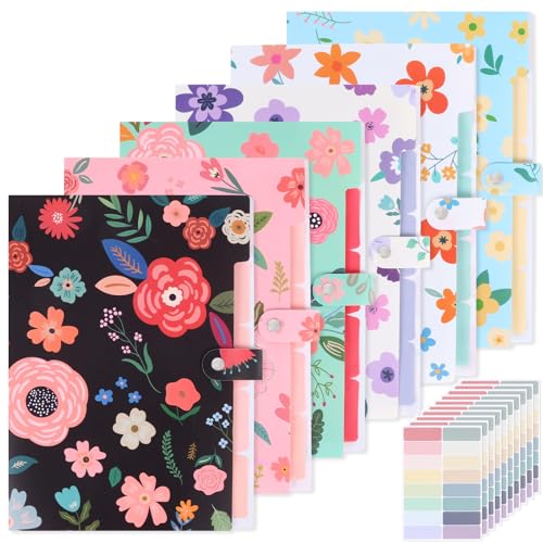 EOOUT 6pcs Expanding File Folders with 5 Pockets, Floral Accordion Folders for Documents, A4 Letter Size Plastic File Organizer with Snap Button for School and Office Supplies - color: Flower Pattern