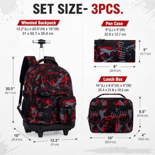 WZLVO 3PCS Boys Rolling Backpack, Water Resistance Roller Bookbag, Wheeled School Bag Set with Lunch Box & Pencil Bag for Teens & Kids - Spray Painted Red - color: 3PCS Boys Rolling Backpack - Spray Painted Red