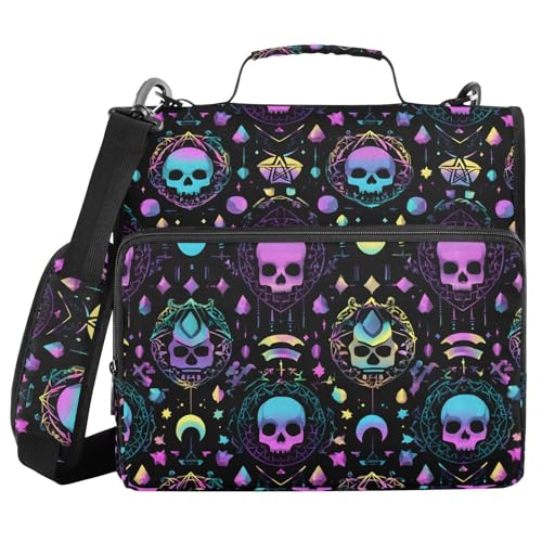 3 Ring Zipper Binder Magic Skull Binders Bag with Shoulder Strap 500 Sheets Paper Organizer Trapper Keeper Documents Storage File Folder for School Office - color: A854