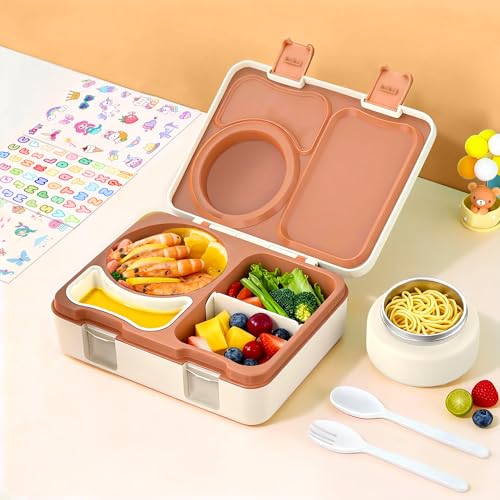 Bento Box for Kids, Leakproof Kids Bento Lunch Box Container with 8oz Insulated Thermo Food Jar, Sauce Jar, Utensil, DIY Stickers for School Boys Girls, 3-4 Compartments, BPA-Free - color: Beige