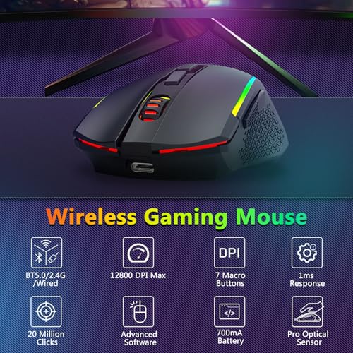 Redragon Wireless Gaming Keyboard and Mouse Combo, Bluetooth/2.4G/USB-C Wired, RGB Backlit, 75% Portable Quiet Rechargeable Macro Membrane Keyboard & 12800 DPI Mouse with Software for Win/MAC - color: Gaming Combo