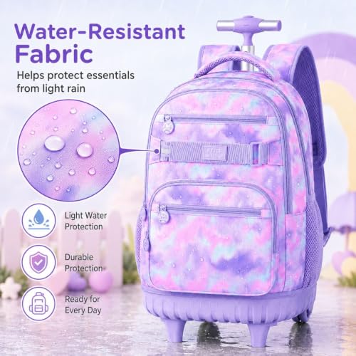 3Pcs Rolling Backpack for Girls Women, Travel Roller Backpacks with Wheels for Adults, Teens College Tie-Dye Wheeled Bookbag with Lunch Box(Purple) - color: Pink Purple