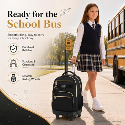 3Pcs Rolling Backpack for Boys Men, 19 Inche Adults Roller Backpacks with Wheels, School Wheeled Bookbag with Lunch Box(Black) - color: Classic Black