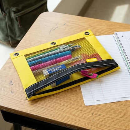BAZIC PRODUCTS Bright Color 3-Ring Pencil Pouch with Mesh Window, 6-Set | clear mesh window and a zipper closure for pens, pencils, supplies - size: 6 Count (Pack of 1)