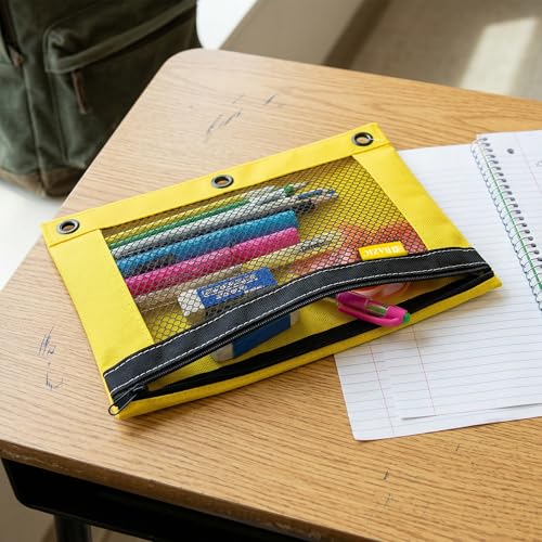 BAZIC PRODUCTS Bright Color 3-Ring Pencil Pouch with Mesh Window, 144-Case | clear mesh window and a zipper closure for pens, pencils, supplies - size: 144 Count (Pack of 1)